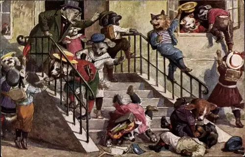 Künstler Ak Thiele, Arthur, Die Schule ist aus, vermenschlichte Hunde