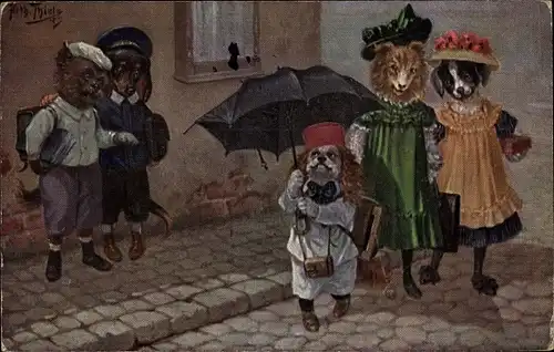 Künstler Ak Thiele, Arthur, Vermenschlichte Hunde, Dackel, Erster Schulgang