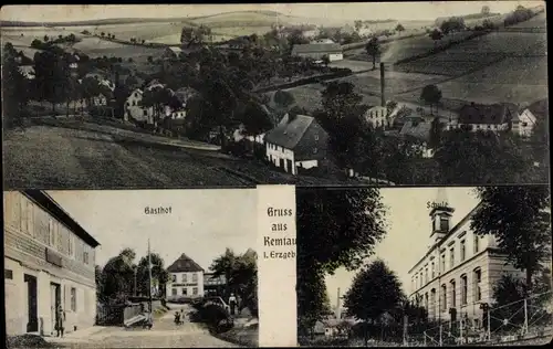 Ak Kemtau Burkhardtsdorf im Erzgebirge, Teilansicht, Gasthof, Schule
