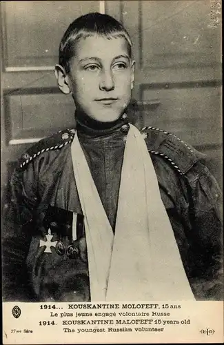 Ak Kouskantine Malofeff, 15 Jahre alt, jüngster russischer Freiwilliger, Soldat