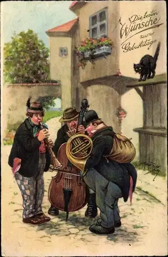 Künstler Ak Thiele, Arthur, Glückwunsch Geburtstag, Männer mit Musikinstrumenten