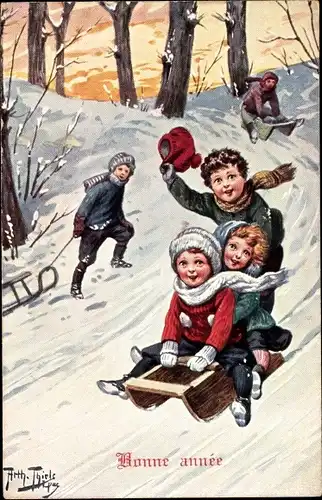 Künstler Ak Thiele, Arthur, Glückwunsch Neujahr, Kinder auf Schlitten bei der Abfahrt