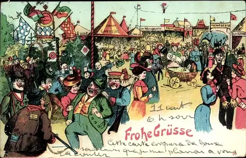 Litho Frohe Grüße, Jahrmarkt, Volksfest, Menagerie, Kinderwagen, betrunkener Mann