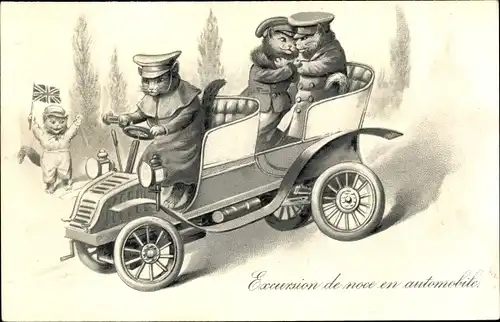 Präge Litho Vermenschlichte Katzen, Excursion de noce en automobile