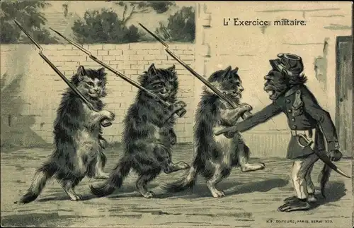 Präge Litho Vermenschlichte Katzen und Schimpanse, Bajonette