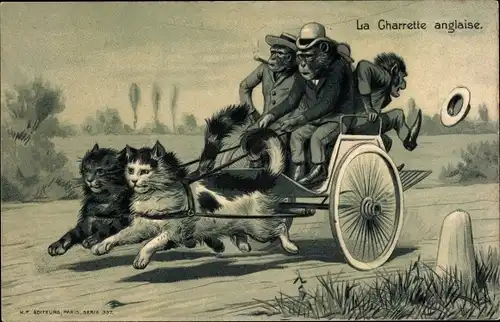 Präge Litho Vermenschlichte Tiere, Katzen ziehen eine Kutsche mit Affen, Schimpansen