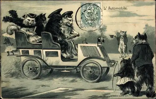 Präge Litho L'Automobile, vermenschlichte Katzen in einem Auto