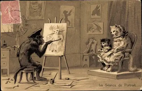 Präge Litho Vermenschlichte Tiere, Schimpanse malt Katzen, la Seance de Portrait