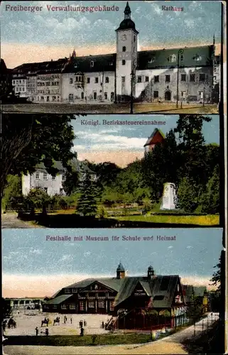 Ak Freiberg in Sachsen, Verwaltungsgebäude, Rathaus, Festhalle, Museum für Schule und Heimat
