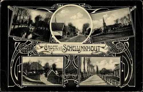 Jugendstil Passepartout Ak Schellinkhout Nordholland, Teilansichten, Kirche, Straßenpartie