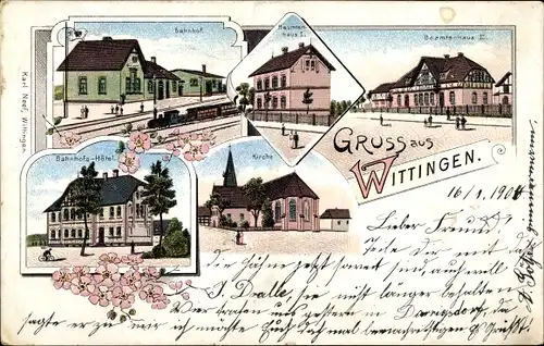 Litho Wittingen in Niedersachsen, Bahnhof, Bahnhofshotel, Beamtenhaus, Kirche