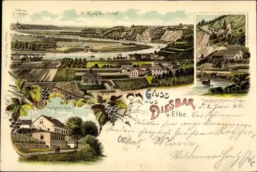 Litho Diesbar Seußlitz an der Elbe, Schloss Hirschstein, Dampfschiffstation, Gasthof zum Ross