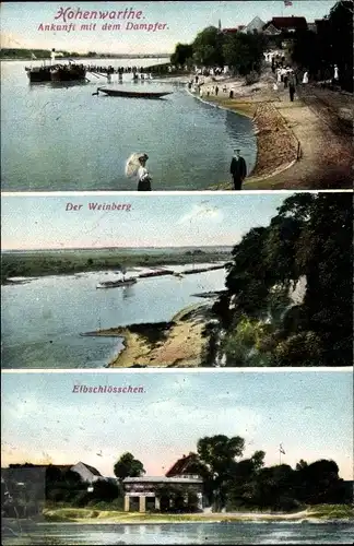 Ak Hohenwarthe an der Elbe Möser Jerichower Land, Ankunft mit dem Dampfer, Weinberg, Elbschlösschen