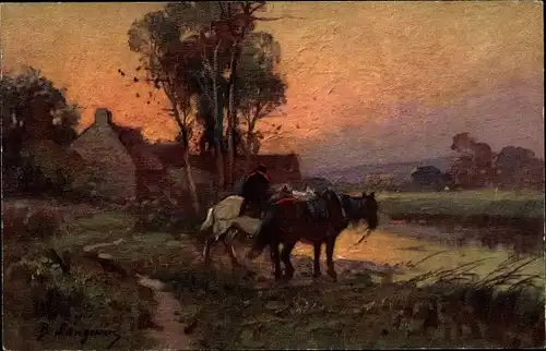 Künstler Ak Langevin, B., Landschaft, Pferde am Ufer
