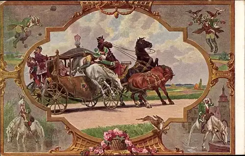 Künstler Ak Baron Münchhausen beim Sprung durch eine Kutsche, Ritt auf der Kanonenkugel