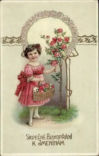 Präge Litho Glückwunsch Geburtstag, Mädchen mit Rosen