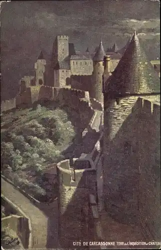 Künstler Ak Carcassonne Aude, Tour de l'Inquisition, Chateau