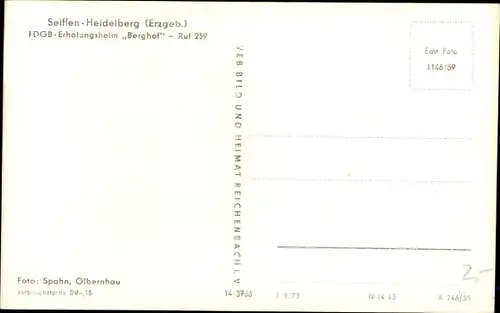 Ak Heidelberg Seiffen im Erzgebirge, FDGB Erholungsheim "Berghof"