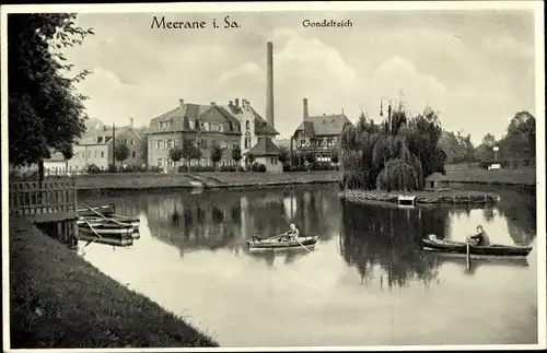 Ak Meerane in Sachsen, Ruderboote auf dem Gondelteich, Häuser, Fabrik