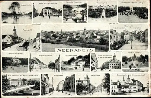 Ak Meerane in Sachsen, Gondelteich, Neumarkt, Ferienkolonieheim, Neue Bahnbrücke, Bismarckplatz