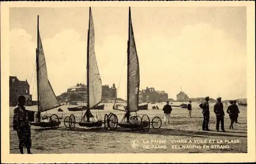 Ak La Panne De Panne Westflandern, Zeilwagens en Strand