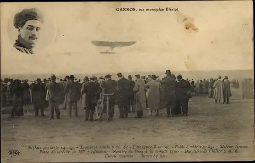 Ak Garros sur monoplan Bleriot, Flugzeug, Flugpionier