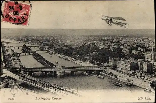 Ak Paris, L'Aeroplane Farman, Doppeldecker über der Stadt