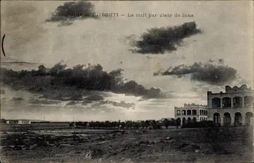 Ak Dschibuti, La nuit par clair de lune, Ortschaft im Mondschein, Wolken