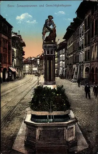 Ak Bern Stadt Kanton Bern, Simsonbrunnen und Gerechtigkeitsgasse
