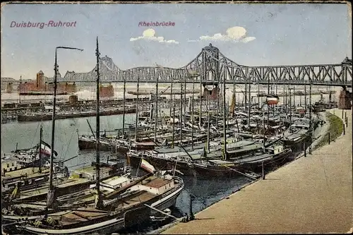 Ak Ruhrort Duisburg im Ruhrgebiet, Rheinbrücke, Schiffe