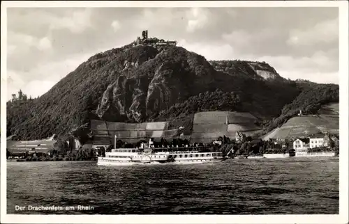 Ak Königswinter am Rhein, Drachenfels, Blick über den Fluss, Raddampfer