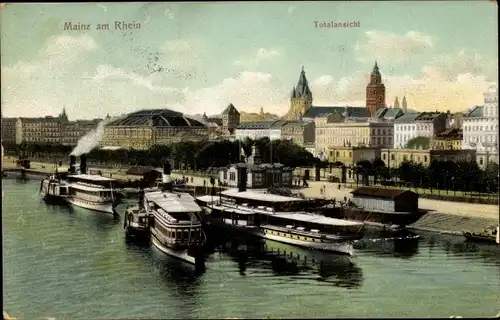 Ak Mainz am Rhein, Totalansicht, Schiffe, Kirchtürme