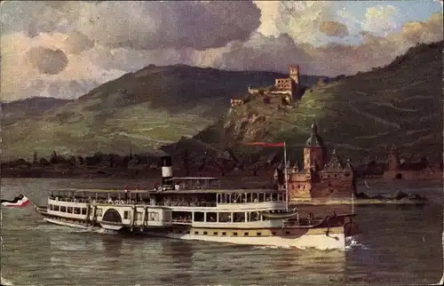 Künstler Ak St. Goarshausen im Rhein Lahn Kreis, Dampfschifffahrt auf dem Rhein