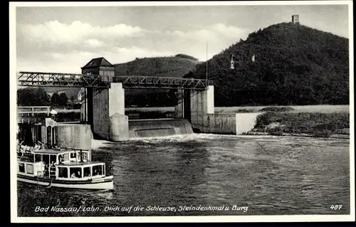 Ak Bad Nassau an der Lahn, Blick auf die Schleuse, Steindenkmal und Burg, Schiff