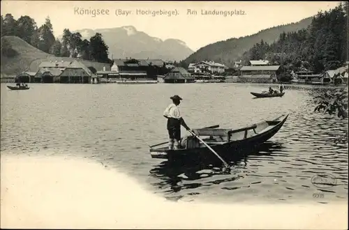 Ak Königsee Königssee Oberbayern, Bayr. Hochgebirge, Am Landungsplatz, Gondoliere