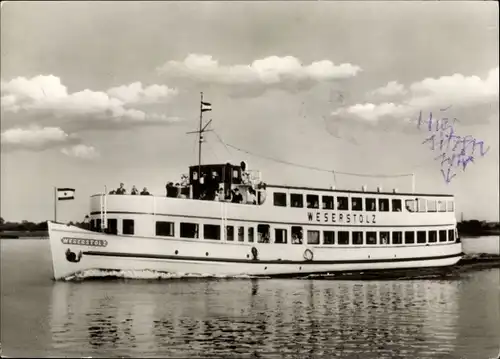 Ak Flussdampfer Weserstolz, Otto W.A. Schreiber Reederei