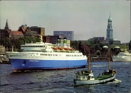 Ak Hamburg Mitte Altstadt, Hafen mit Fährschiff Prinz Hamlet  und St. Michaeliskirche