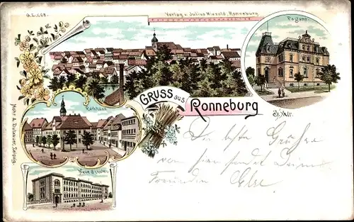 Litho Ronneburg, Rathaus, Postamt, Schule, Totalansicht vom Ort