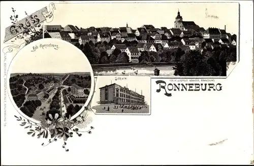 Litho Ronneburg in Thüringen, Gesamtansicht, Bad, Schule