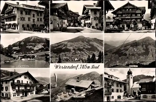 Ak Westendorf in Tirol, Strandbad, Alpenrose, Seilbahn, Straßenpartie