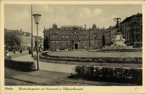 Ak Görlitz in der Lausitz, Hindenburgplatz mit Fernsprech- und Telegraphenamt, Brunnen