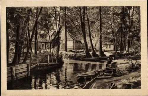 Ak Lehde Lübbenau im Spreewald, Ortspartie, Kahn