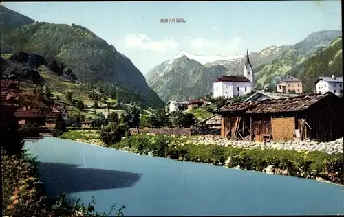 Ak Kaprun in Salzburg, Ort vom Flussufer aus gesehen, Kirche