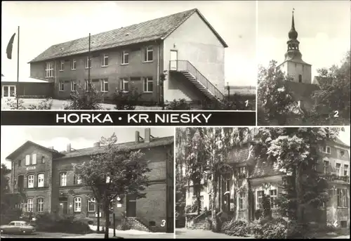 Ak Horka in der Oberlausitz, Polytechnische Oberschule, Wehrkirche, Bahnhof, Gemeindeamt
