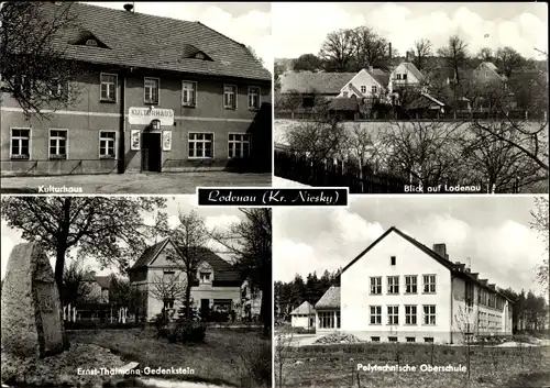 Ak Lodenau Rothenburg in der Oberlausitz, Kulturhaus, Blick auf den Ort, Ernst-Thälmann-Gedenkstein