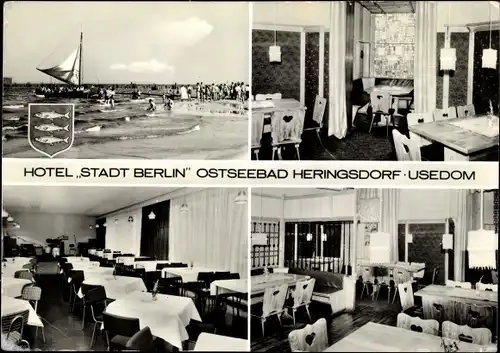 Ak Ostseebad Heringsdorf auf Usedom, Hotel Stadt Berlin, Speisraum, Strand, Wappen