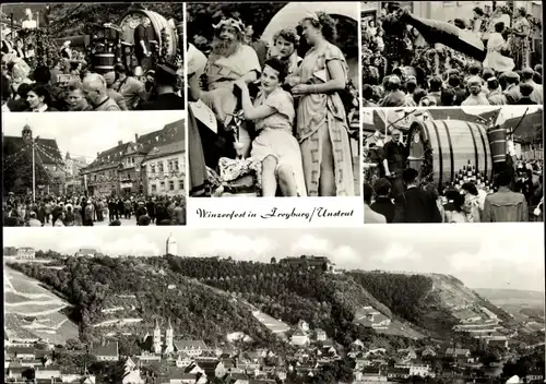 Ak Freyburg an der Unstrut, Ansichten vom Winzerfest, Faß, Panorama v. Ort