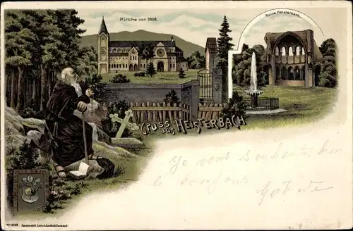 Litho Königswinter am Rhein, Kloster Heisterbach, Ruine, Mönch