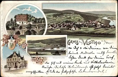 Litho Vlotho an der Weser, Totalansicht, Amthausberg, Postgebäude, Weserbrücke, Wappen