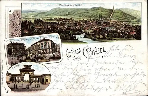 Litho Kassel in Hessen, Friedrich Wilhelmsplatz, Löwenbrunnen, Tor, Panorama